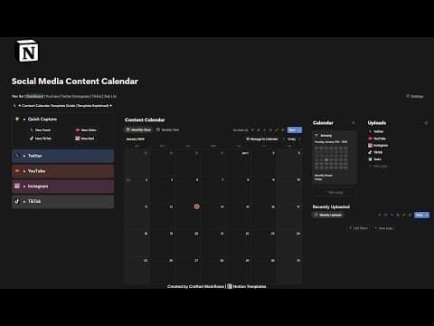 Mörk innehållskalender med månadsöversikt och sociala mediekanaler